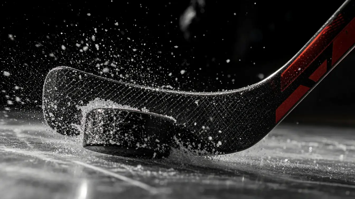 Close-up of a hockey stick firing a puck with a spray of ice
