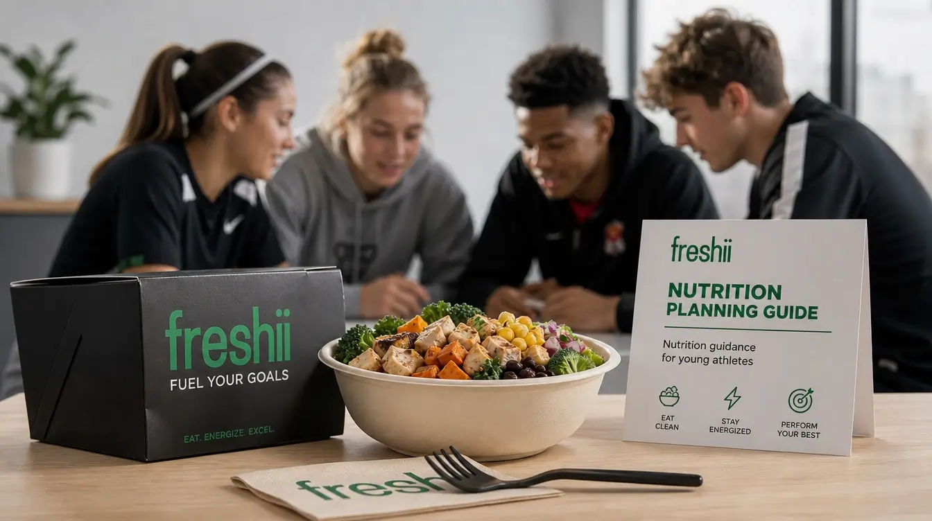 Freshii meal bowl beside a nutrition planning guide for young athletes